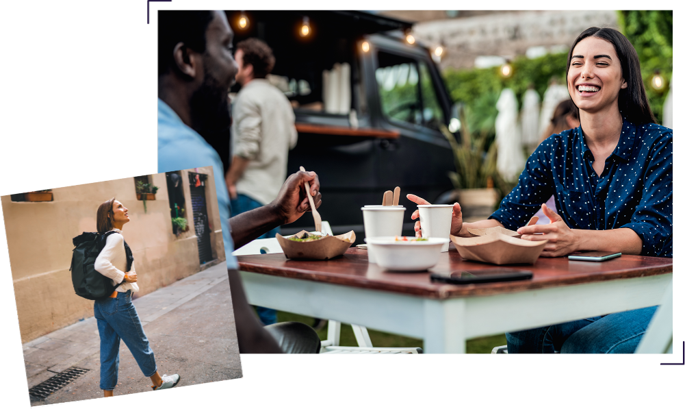 woman with backpack and couple laughing at restaurant